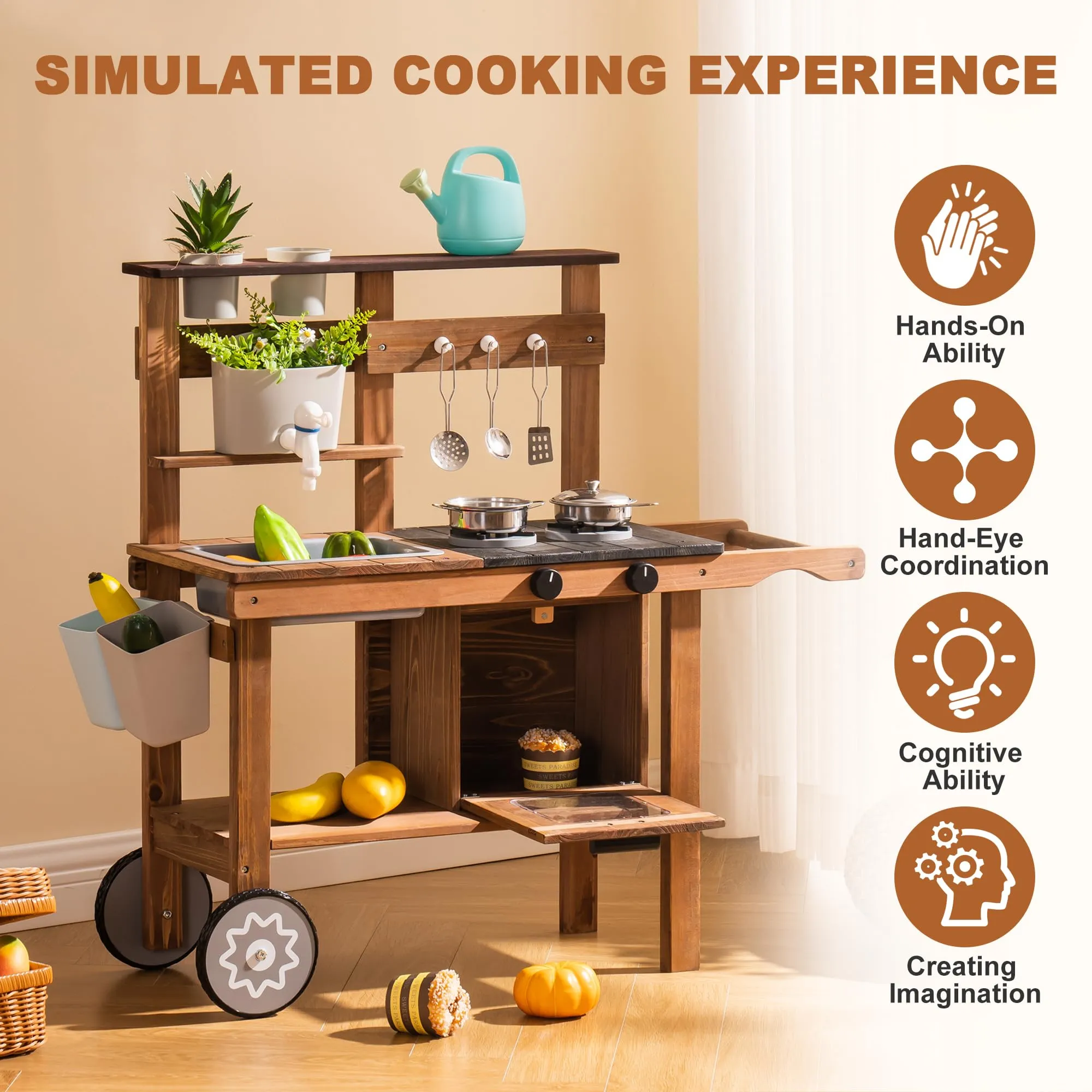 ROBUD Wooden Outdoor Kitchen Playset with Wheels - Mud