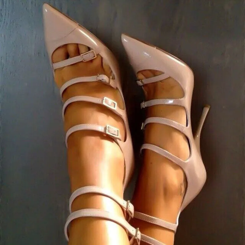 Sexy Buckles Cutout Leather High Heels