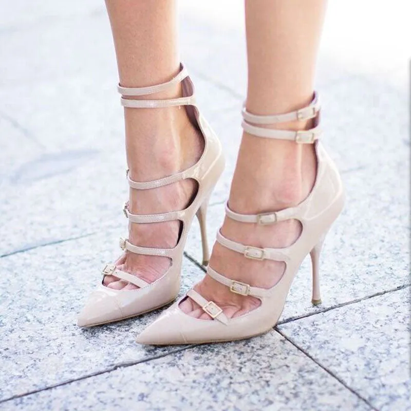 Sexy Buckles Cutout Leather High Heels