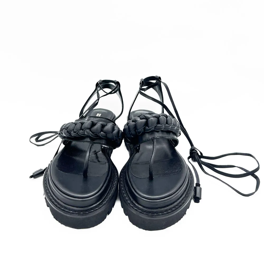 SHR T-strappy Braided black leather sandals