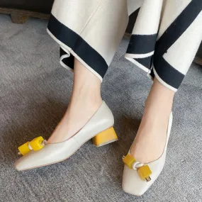Square Toe Mid Block Heel Beaded Shoes
