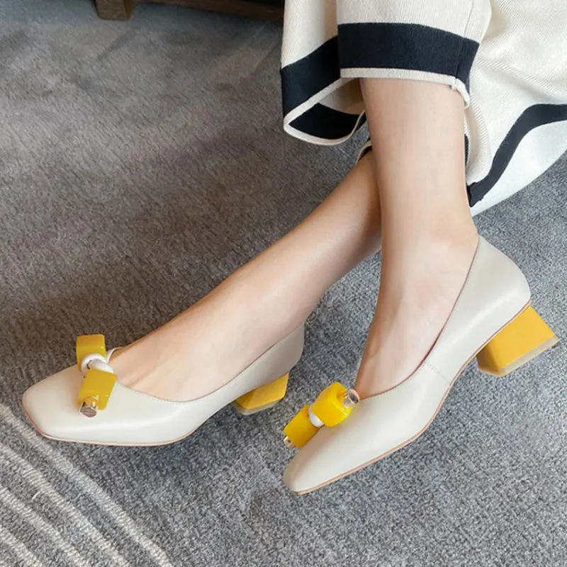 Square Toe Mid Block Heel Beaded Shoes