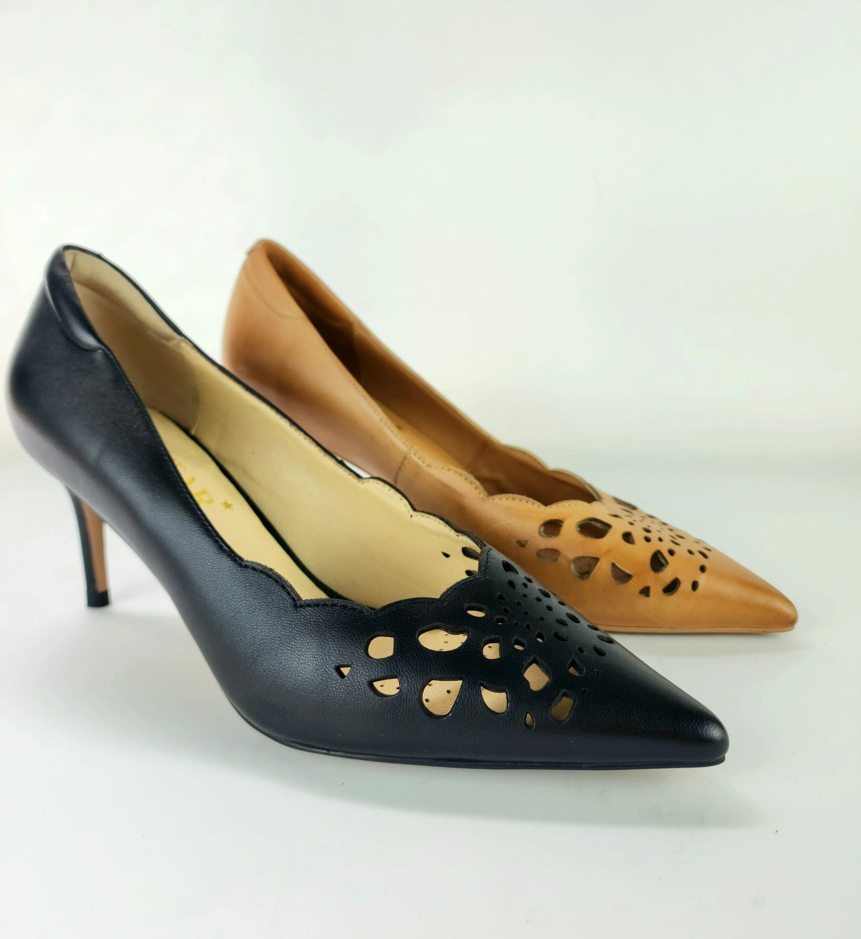 SS23008 Laser Cut Leather Court Shoes with extra cushion in Black
