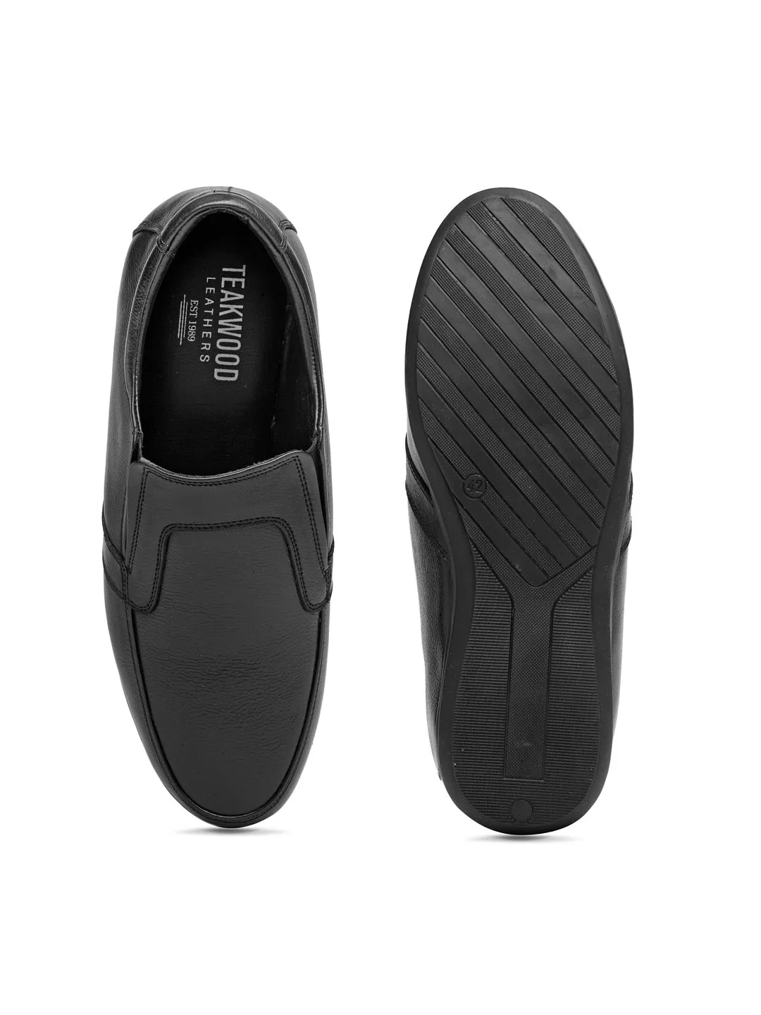 Teakwood Men Black Genuine Leather Formal Slip-Ons