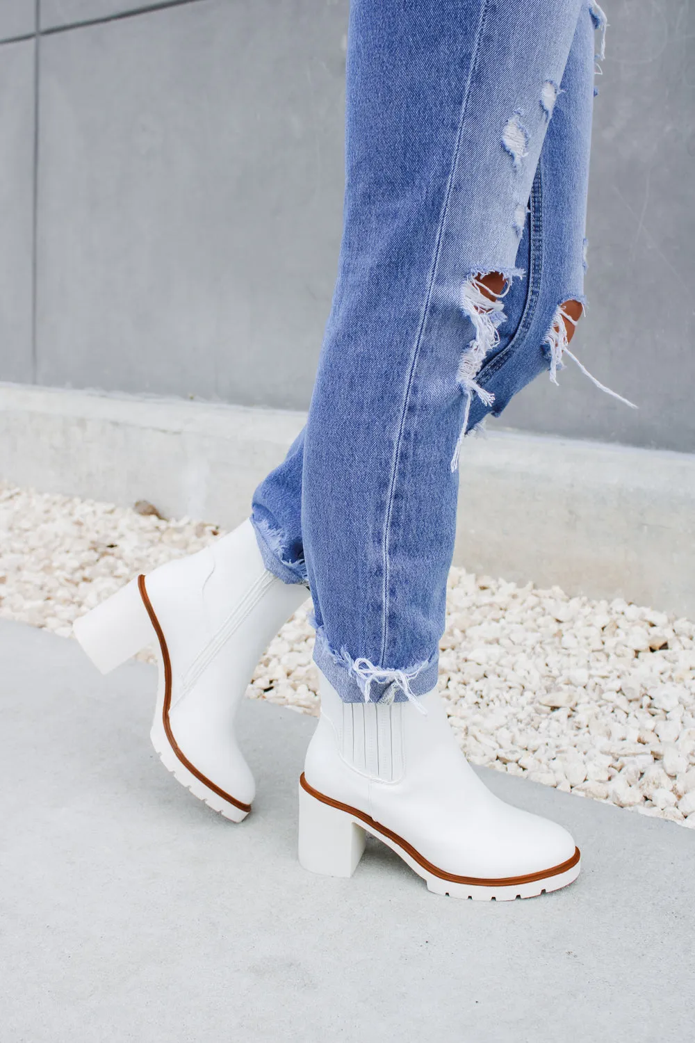 The Ashlee Leather Block Heel Booties - White