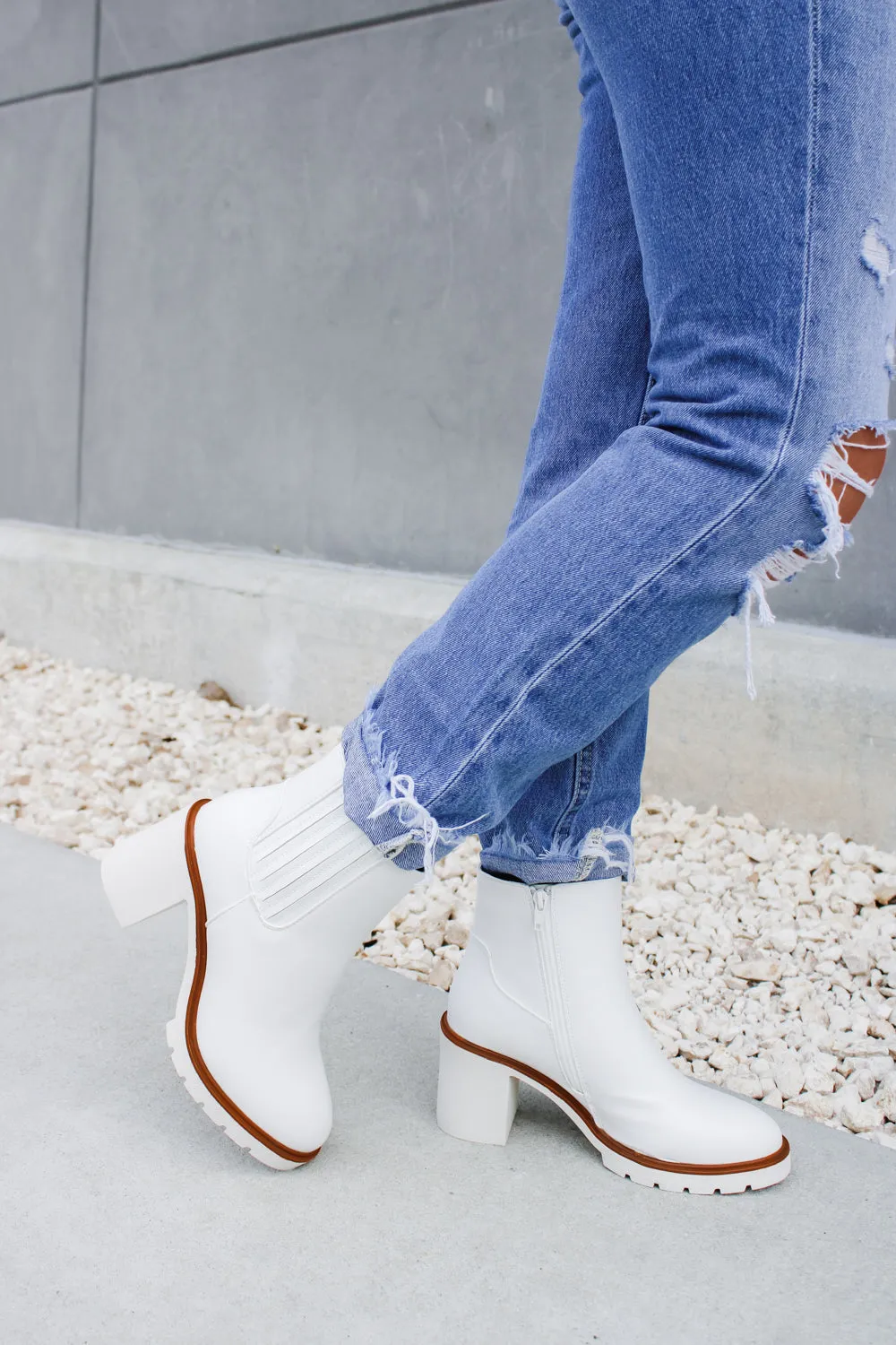 The Ashlee Leather Block Heel Booties - White