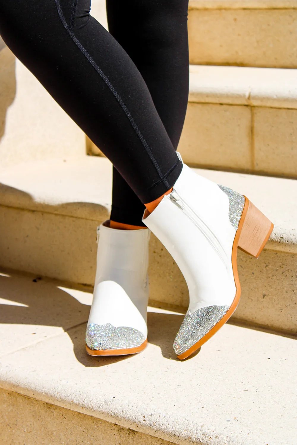 The Jesse Rhinestone Block Heel Ankle Bootie - White