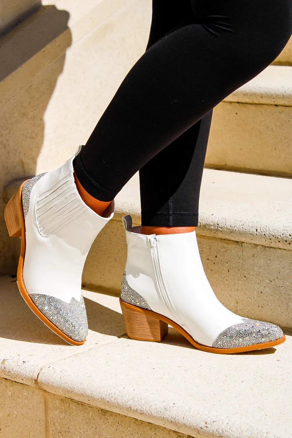 The Jesse Rhinestone Block Heel Ankle Bootie - White