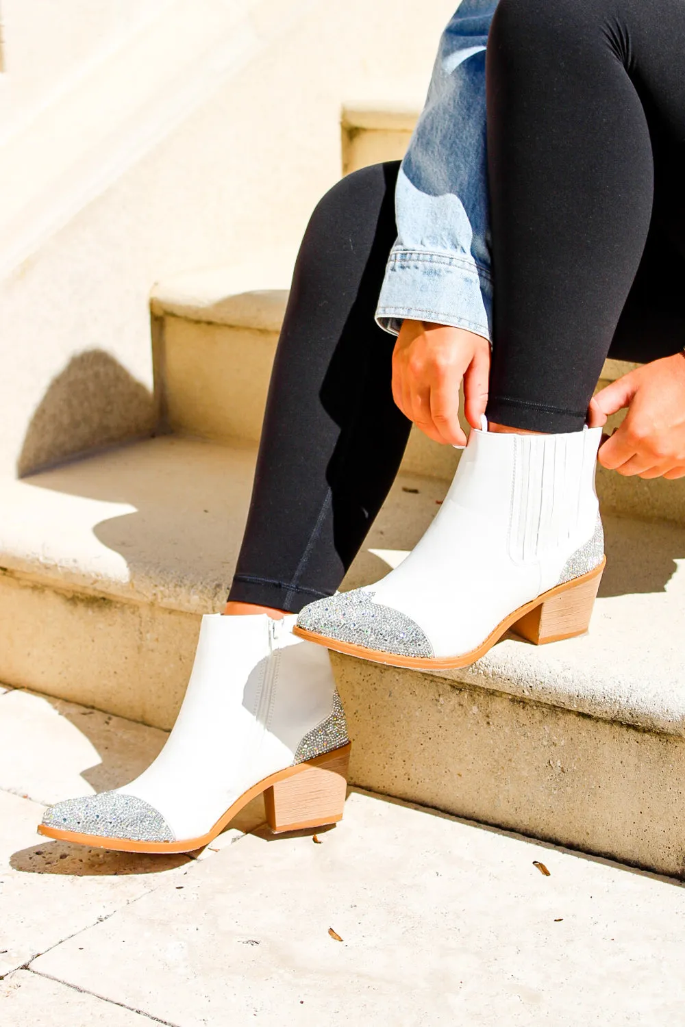 The Jesse Rhinestone Block Heel Ankle Bootie - White