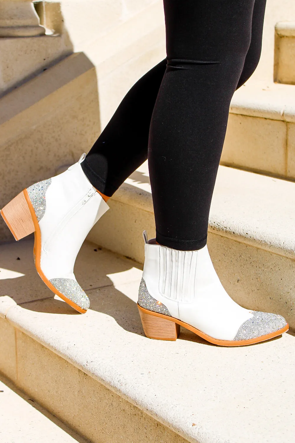 The Jesse Rhinestone Block Heel Ankle Bootie - White