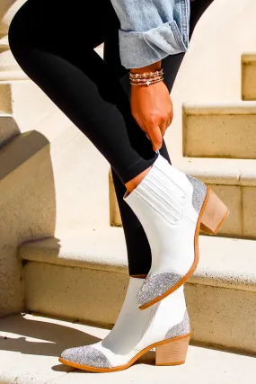 The Jesse Rhinestone Block Heel Ankle Bootie - White