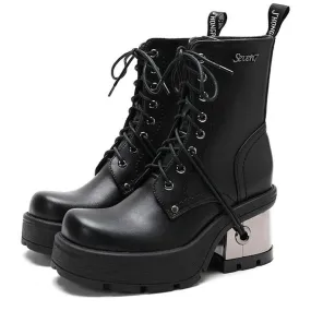 Women Metal Heel Black Punk Platform Motorcycle Boots Rubber Sole Thick Heel Leather Demonia Boots