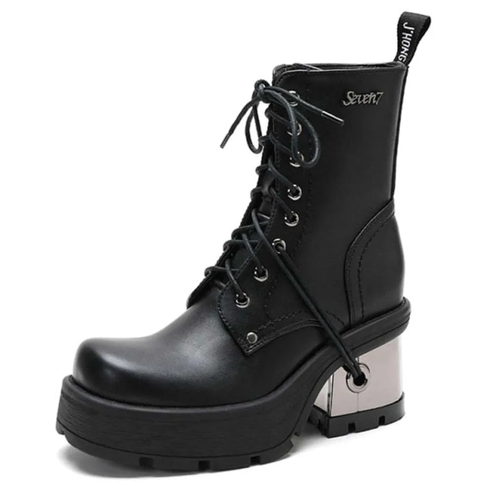 Women Metal Heel Black Punk Platform Motorcycle Boots Rubber Sole Thick Heel Leather Demonia Boots