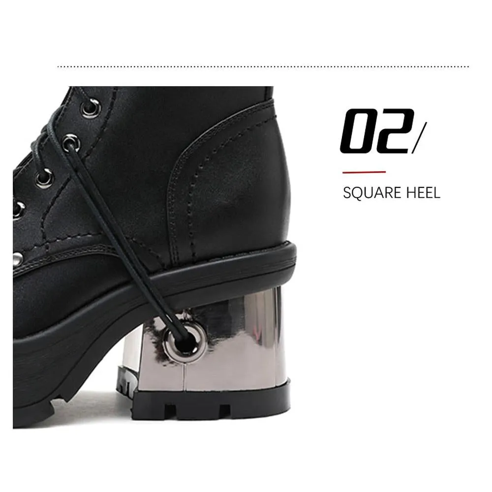 Women Metal Heel Black Punk Platform Motorcycle Boots Rubber Sole Thick Heel Leather Demonia Boots