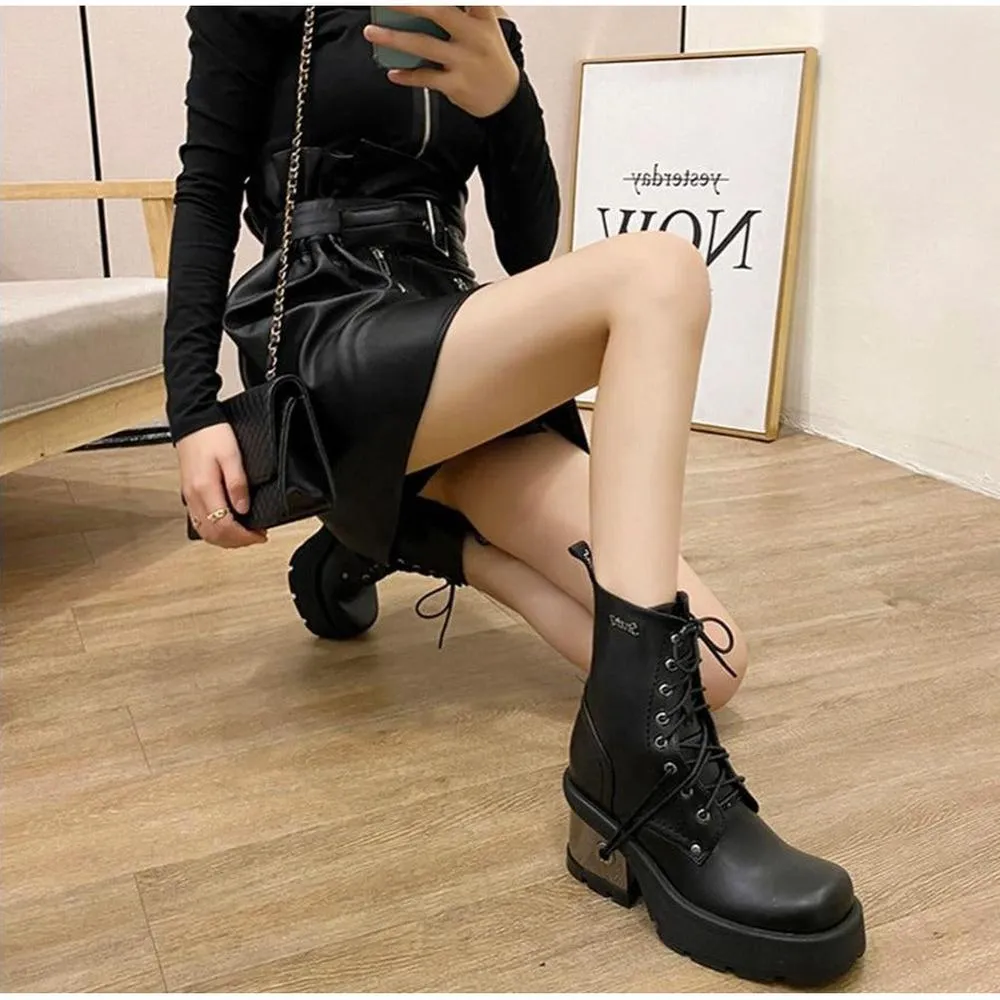 Women Metal Heel Black Punk Platform Motorcycle Boots Rubber Sole Thick Heel Leather Demonia Boots