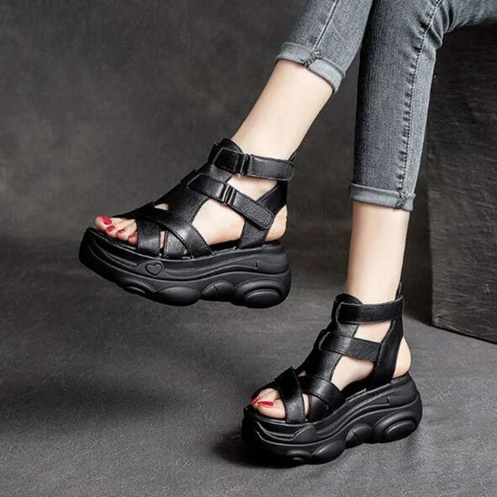 Women Mid Heels Wedges Shoes Vintage PU Leather Sandals