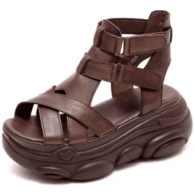 Women Mid Heels Wedges Shoes Vintage PU Leather Sandals