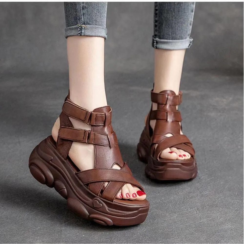 Women Mid Heels Wedges Shoes Vintage PU Leather Sandals