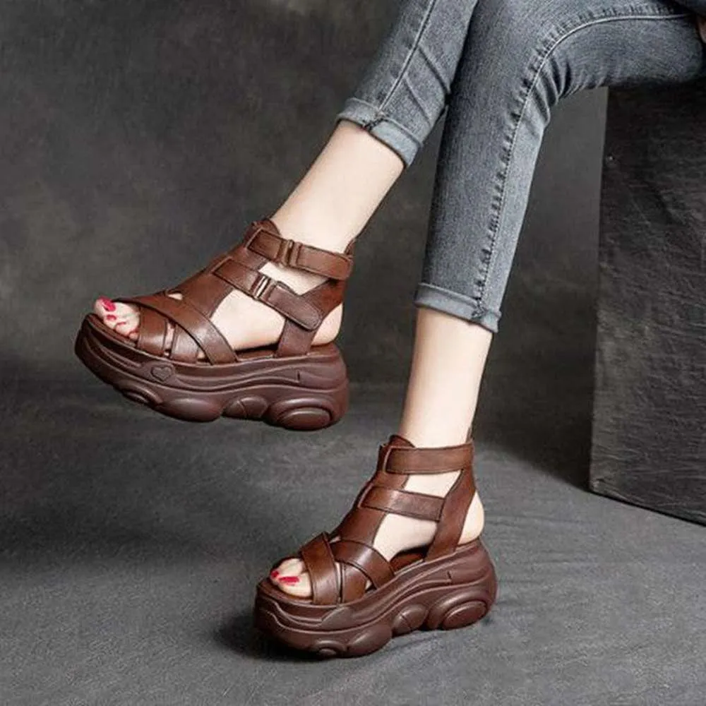 Women Mid Heels Wedges Shoes Vintage PU Leather Sandals