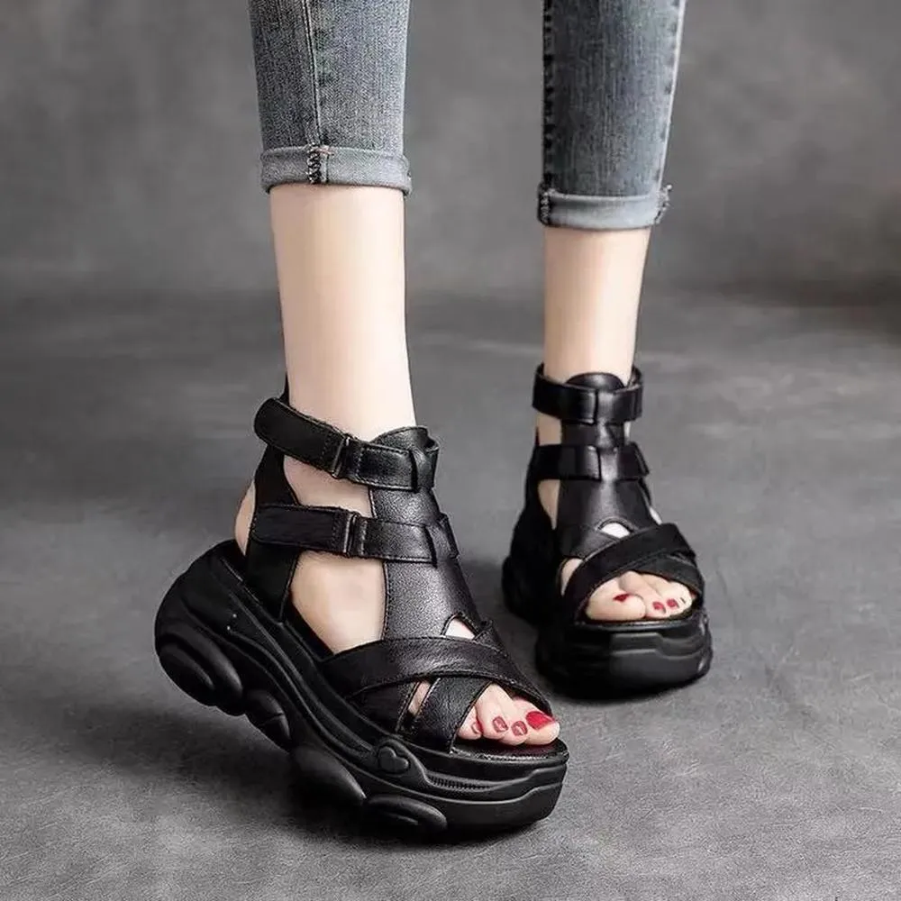 Women Mid Heels Wedges Shoes Vintage PU Leather Sandals