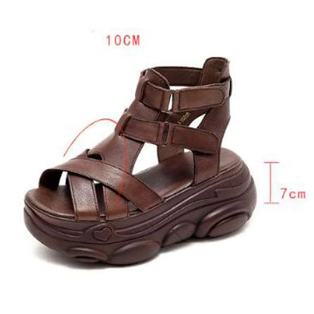 Women Mid Heels Wedges Shoes Vintage PU Leather Sandals