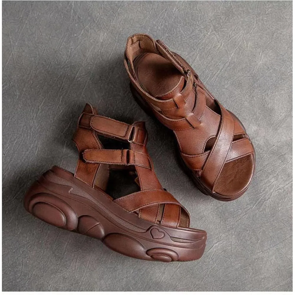 Women Mid Heels Wedges Shoes Vintage PU Leather Sandals
