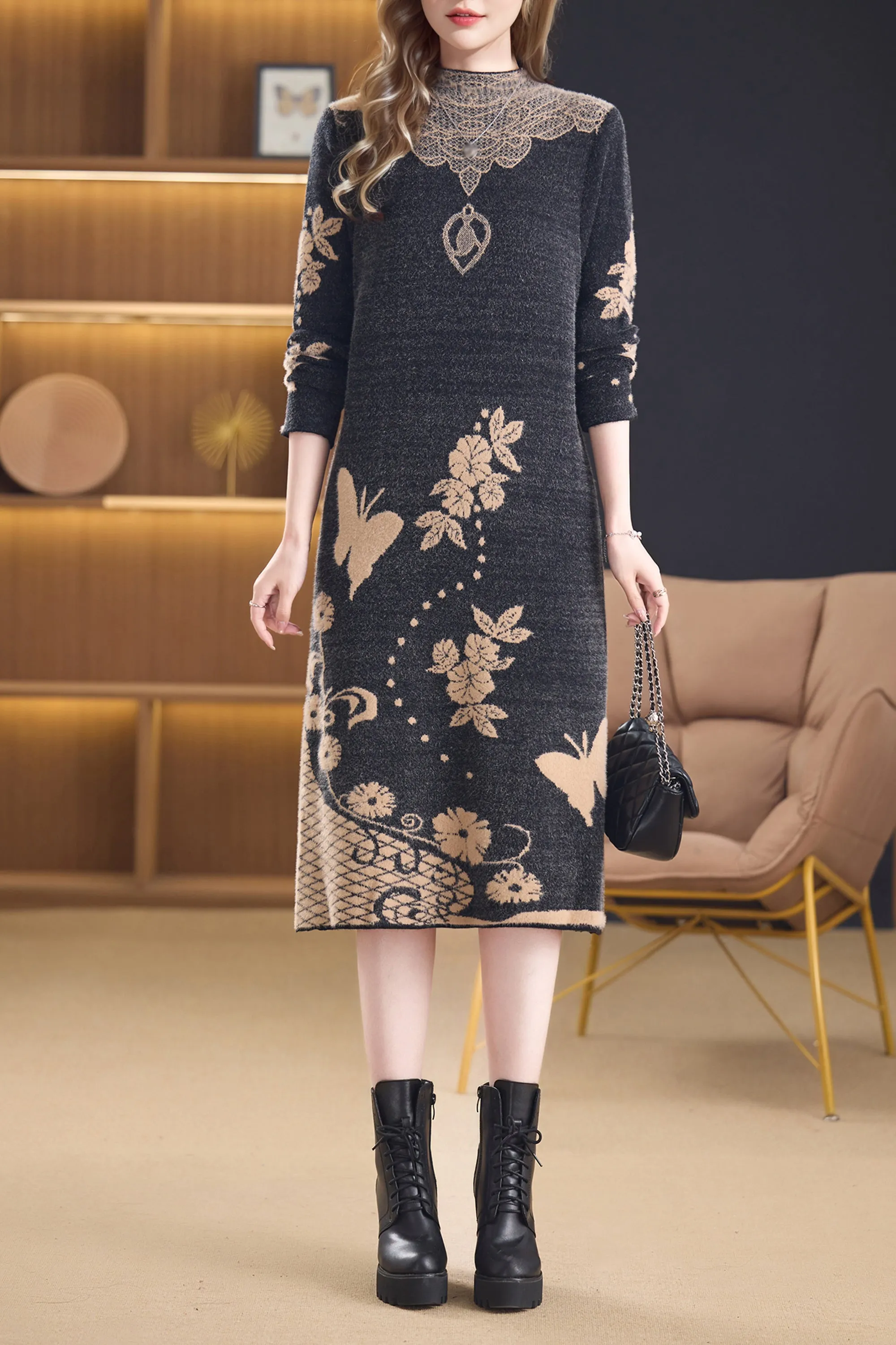 Women's Fall Knit Ribbed Sleeve Sweater Midi Dress