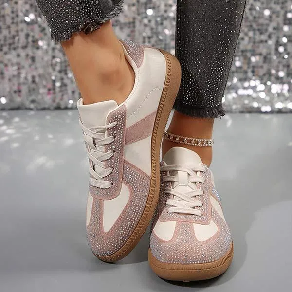 Women's Lace-Up Rhinestone Flat Casual Sneakers 98217681C