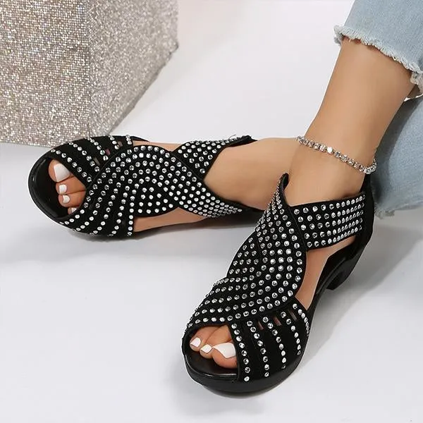 Women's Low Heel Fashion Rhinestone Hollow Chunky Heel Shoes 97671001C