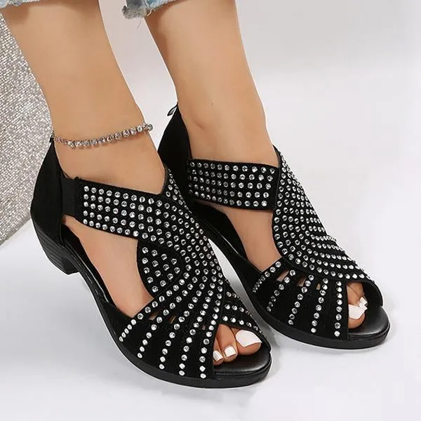 Women's Low Heel Fashion Rhinestone Hollow Chunky Heel Shoes 97671001C