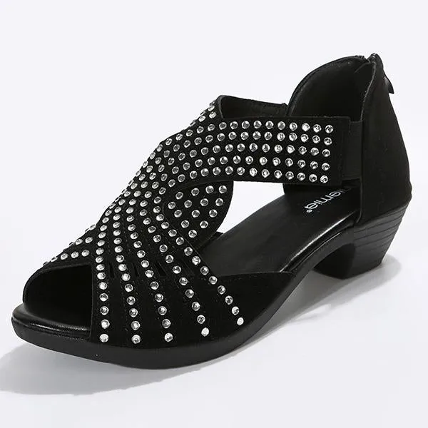 Women's Low Heel Fashion Rhinestone Hollow Chunky Heel Shoes 97671001C