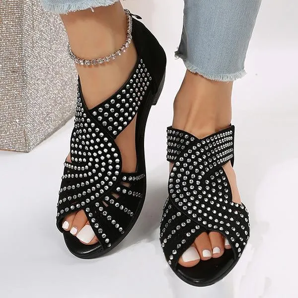 Women's Low Heel Fashion Rhinestone Hollow Chunky Heel Shoes 97671001C