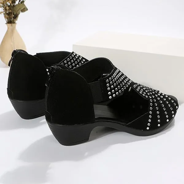 Women's Low Heel Fashion Rhinestone Hollow Chunky Heel Shoes 97671001C