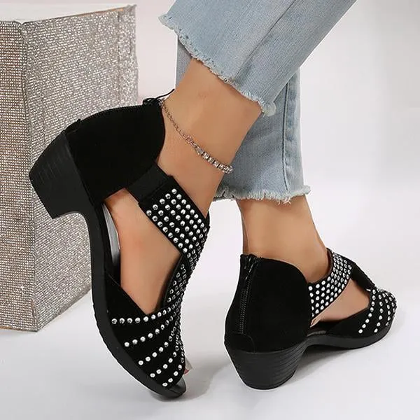 Women's Low Heel Fashion Rhinestone Hollow Chunky Heel Shoes 97671001C